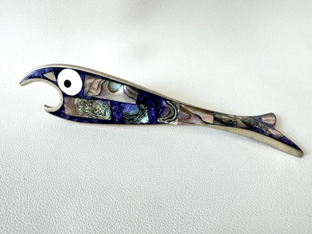 Vintage Abalone Fish Bottle Opener Alpaca Silver Frame Mid Century Modern MCM